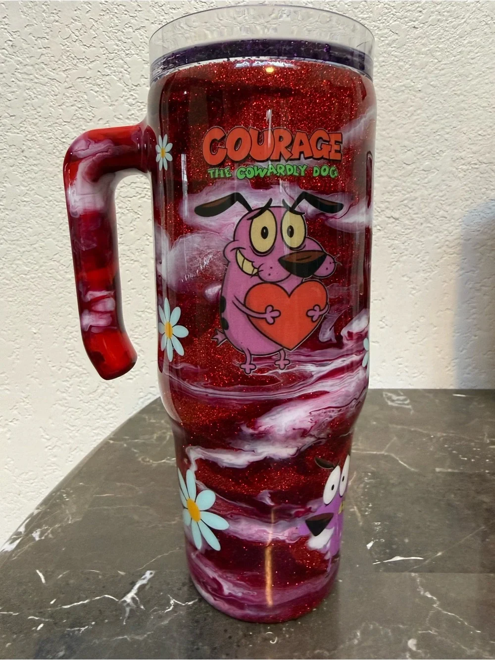 Courage the Cowardly Dog Red Marble Glitter Tumbler Cup 30 oz Handle Handmade